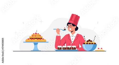 Chef Tasting Cake and Sweets in a Bakery Vector Illustration Design Concept