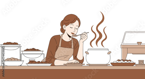 Chef Tasting Stew, Checking Kitchen Aroma and Culinary Delight Illustration