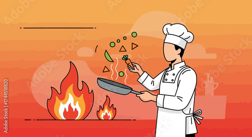 Chef tossing vegetables in a pan over a fire, cooking concept art illustration