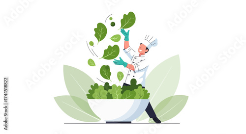 Chef tossing fresh salad ingredients, vector illustration for healthy eating or cooking