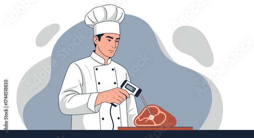 Chef using a meat thermometer to check the internal temperature of a beef steak