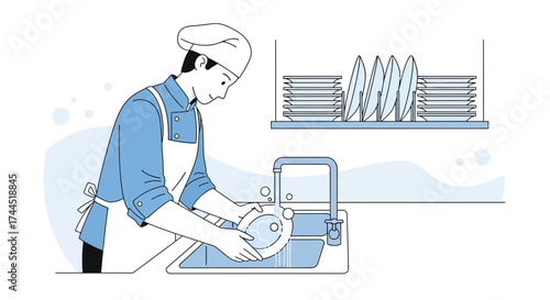 Chef Washing Dishes in Restaurant Kitchen Readying Plates for Cooking and Serving