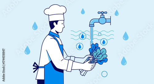 Chef Washing Fresh Greens Under Running Water in Kitchen For Food Preparation