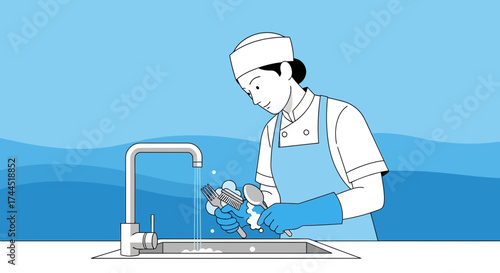 Chef Washing Dishes in a Restaurant Kitchen with Fresh Water, and Clean Utensils
