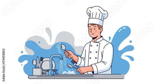 Chef Washing Utensils in a Kitchen Sink Illustration, Clean Cookingware Concept