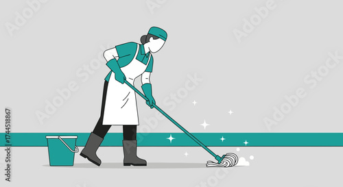 Cleanliness Illustration: A Professional Cleaner Mopping a Floor in Uniformed, Clean Environment