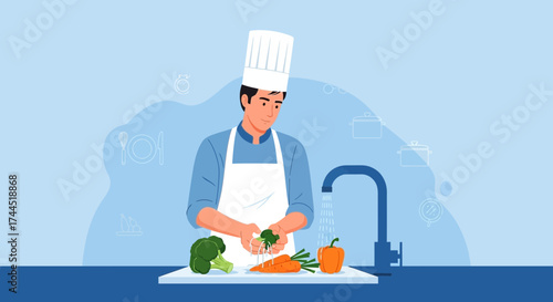 Chef washing vegetables at the sink preparing food for cooking in the kitchen