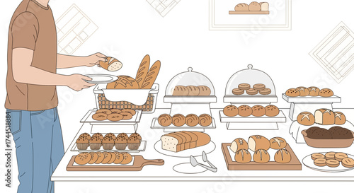 Client Selecting Fresh Baked Goods From a Broad Array of Bread, Muffins, and More