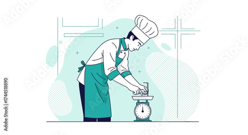 Chef Weighing Ingredients In A Kitchen Environment For Cooking Preparation Illustration