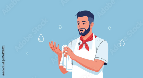 Chef Wiping His Hands After Washing Them, Cleanliness And Hygiene Concept Illustration