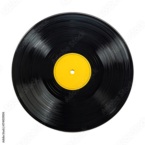 Black vinyl record with yellow center label, grooves visible