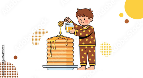 Child Adorably Drizzling Honey On Tall Stack Of Golden Pancakes For Delightful Breakfast