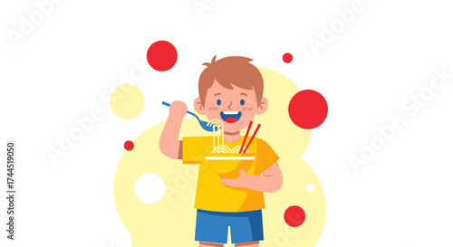 Child Joyfully Consuming Noodles, Expressing Pure Delight, Eating Delicious Asian Food