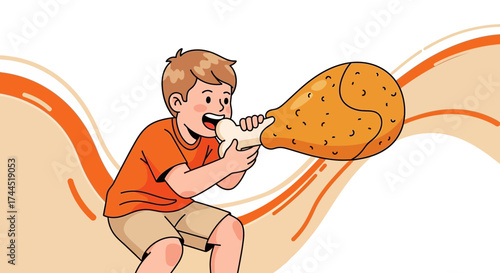Child Joyfully Devouring Gigantic Fried Chicken Drumstick, Cartoon Illustration of a Happy Moment
