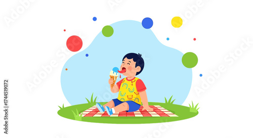 Child Joyfully Enjoying Ice Cream During Summer Picnic Outing and Refreshment Time