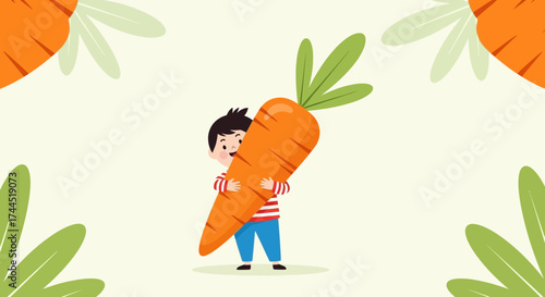 Child Joyfully Embracing A Giant Carrot, Whimsical Illustration And Healthy Eating Concept