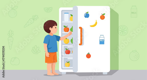 Child Reaching For Orange Inside Refrigerator Depicting Healthy Eating Habits