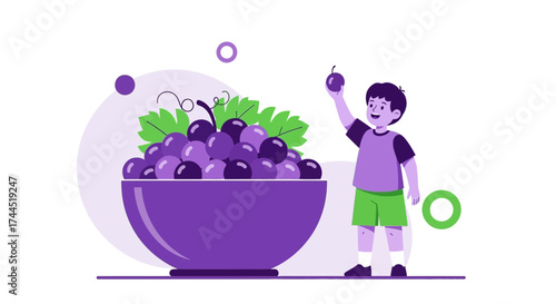 Child Showing Purple Grapes from a Bowl, An Illustrative Healthy Summer Harvest