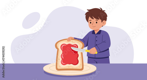 Child Spreading Jam On Toast: Depicting Everyday Breakfast, Animated Illustration