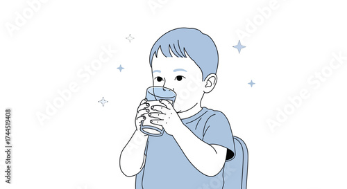 Child Drinks Water Illustration with Light Blue Tones and Sparkling Graphic Accents