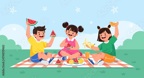 Children enjoying a summer picnic with fruits and juice on a sunny day in park