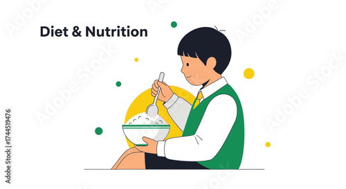 Child Eating Rice Illustrates Diet Nutrition With Energetic Illustration And Vibrant Colors