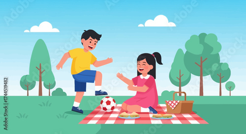 Children Enjoying Beautiful Summer Day Playing Soccer and Having a Delightful Picnic