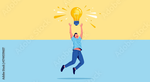 Conceptual Illustration: Reaching The Lightbulb, Capturing An Idea With Energetic Execution
