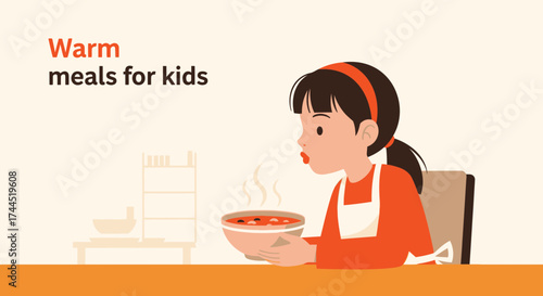 Child Enjoying Freshly Made Warm Soup, Ready To Eat Their Nutritious Healthy Meal