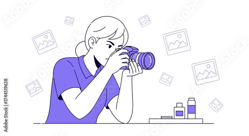 Conceptual Image Of A Woman Photographer Taking Pictures And Reviewing The Shots