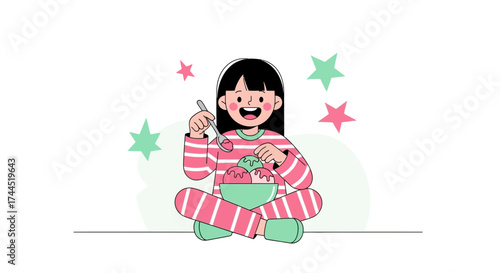 Child Enjoying Ice Cream in a Cheerful Way, Eating and Having Fun, Vector Illustration