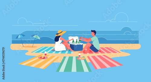 Coastal Picnic Illustration: A Relaxing Beach Scene With Refreshing Beverages and Leisure