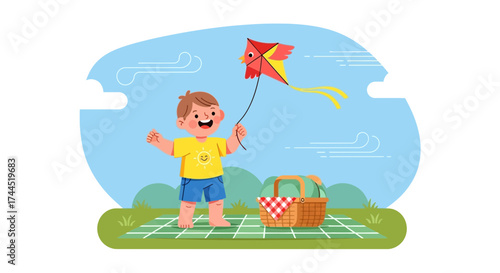 Child's Joyful Kite Flying Experience Amidst a Picnic Setting on a Sunny Day