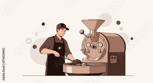 Coffee Roasting Illustration, Showing a Professional Barista Preparing Coffee with Roasting Machine