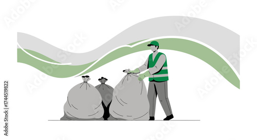 City Worker Collecting Garbage Bags With Abstract Green and Gray Wave Designs