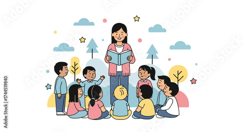 Classroom Reading Session: A Teacher Enlightening Young Minds Through Storytelling Illustration.