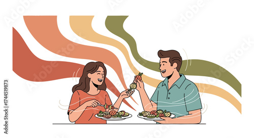 Couple Dining Together And Sharing Colorful Food Dishes In Aesthetic Illustration