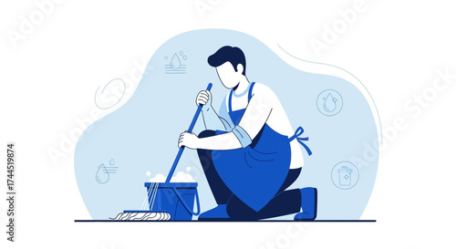 Cleaning Employee With Mop Depicted In Attractive Illustration For Use and Commercial Purposes