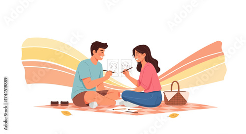 Couple drawing caricature in picnic, drawing time with friends or family at the park