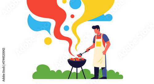 Colorful illustration of a man grilling food outdoors during a festive barbecue occasion