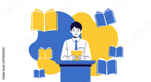 Concerned Businessman Facing Pressure Amidst Floating Books Of Literature Or Business.
