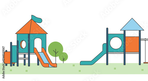 Colorful playground equipment with slides swings and trees on a green field