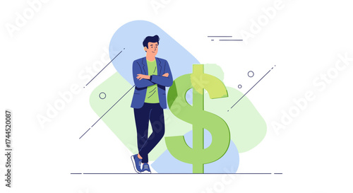 Confident Businessman Leaning On Giant Dollar Sign Shows Financial Prosperity And Success