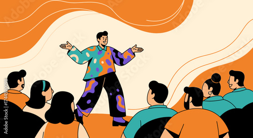 Colorful Presenting Style Depicts Team Leader Delivering Communication To Audience