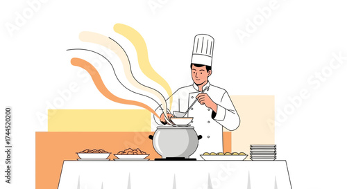 Competent Chef Serving Culinary Delight From A Steaming Pot At The Buffet Table