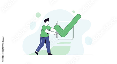 Completing Task, Man Holding Huge Check, Positive Approval, and Success Illustration