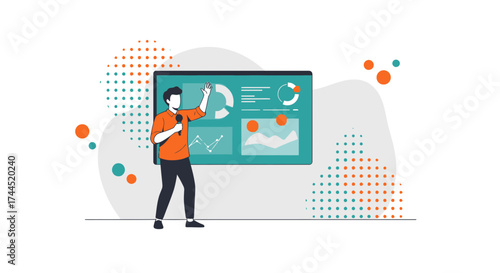 Confident Public Speaker Presenting Data Analysis Charts Displayed On A Screen