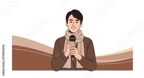 Confident Public Speaker Holding Microphone Presenting His Speech with Positive Smile