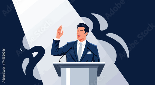 Confident Speaker Addressing a Crowd from a Podium Under Spotlight