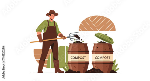 Composting Process Depicted, Gardener with Tools, Enriching the Earth, Eco-Friendly Action